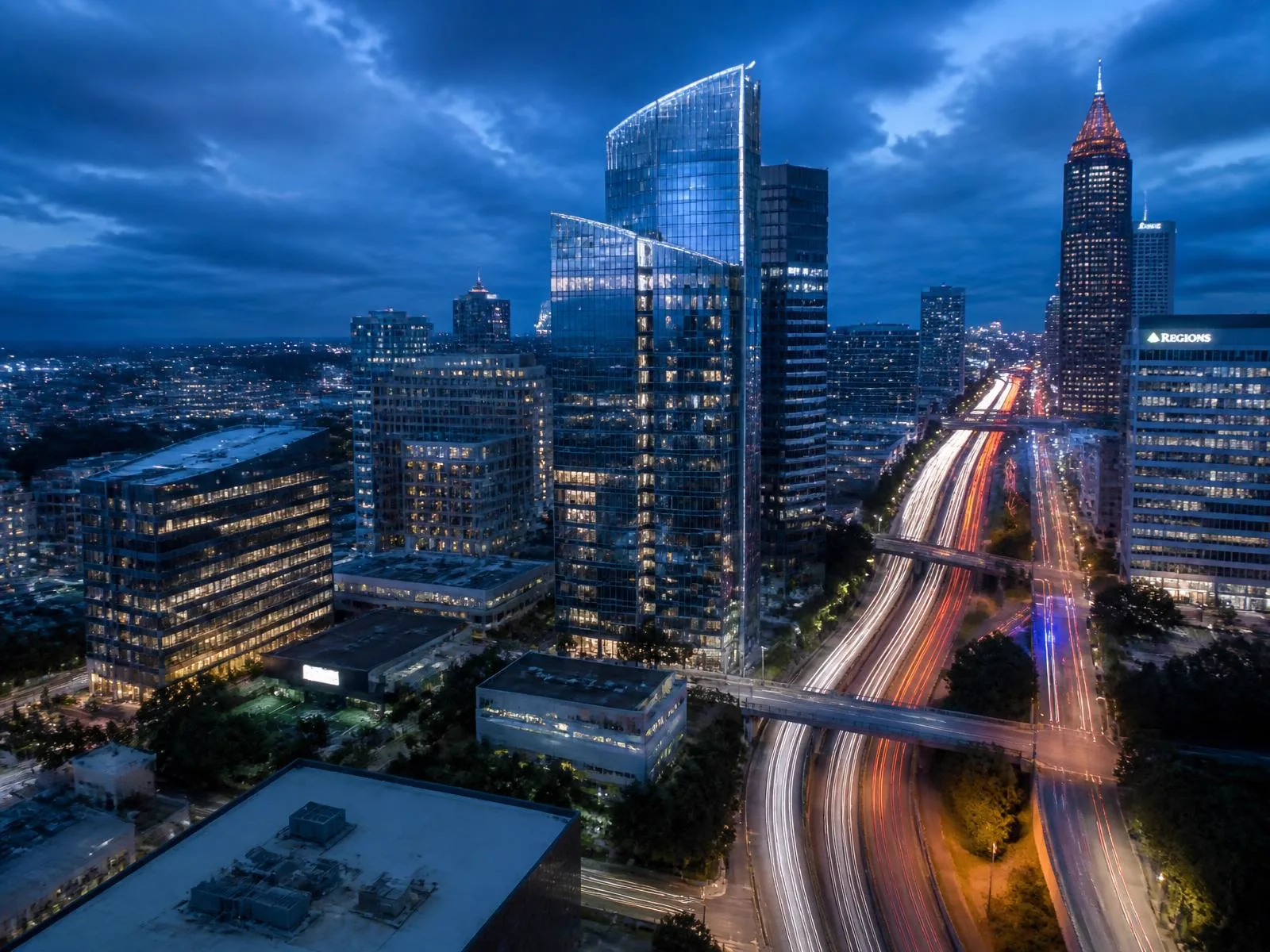 Atlanta business district skyline at blue hour