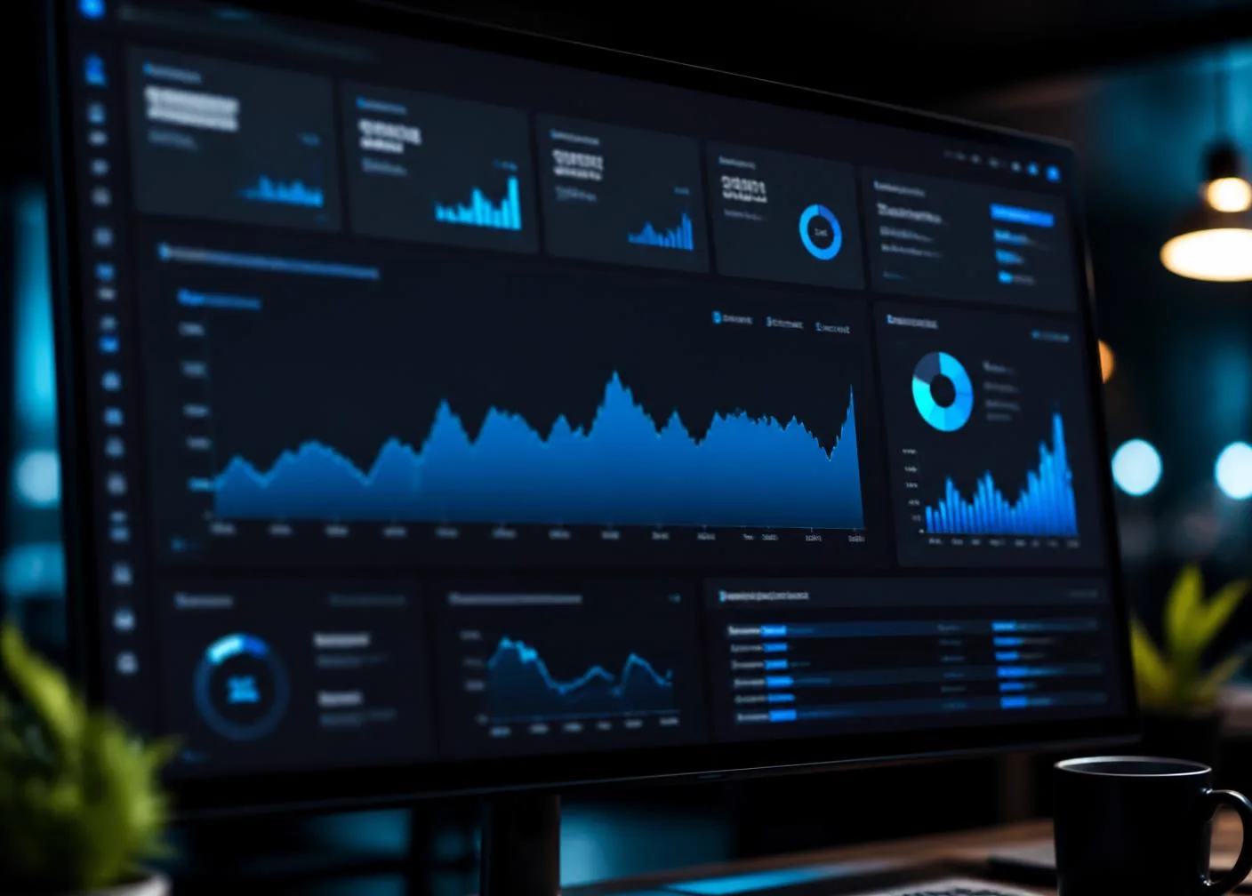 Financial SaaS analytics dashboard on a widescreen display