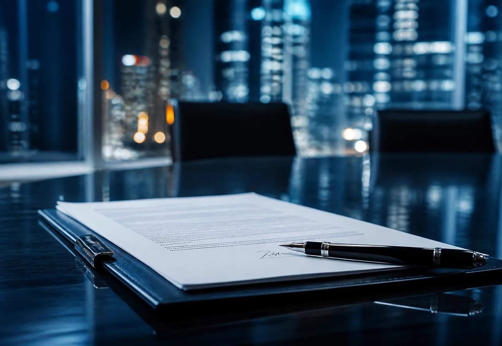Signed enterprise agreement and fountain pen on a boardroom table
