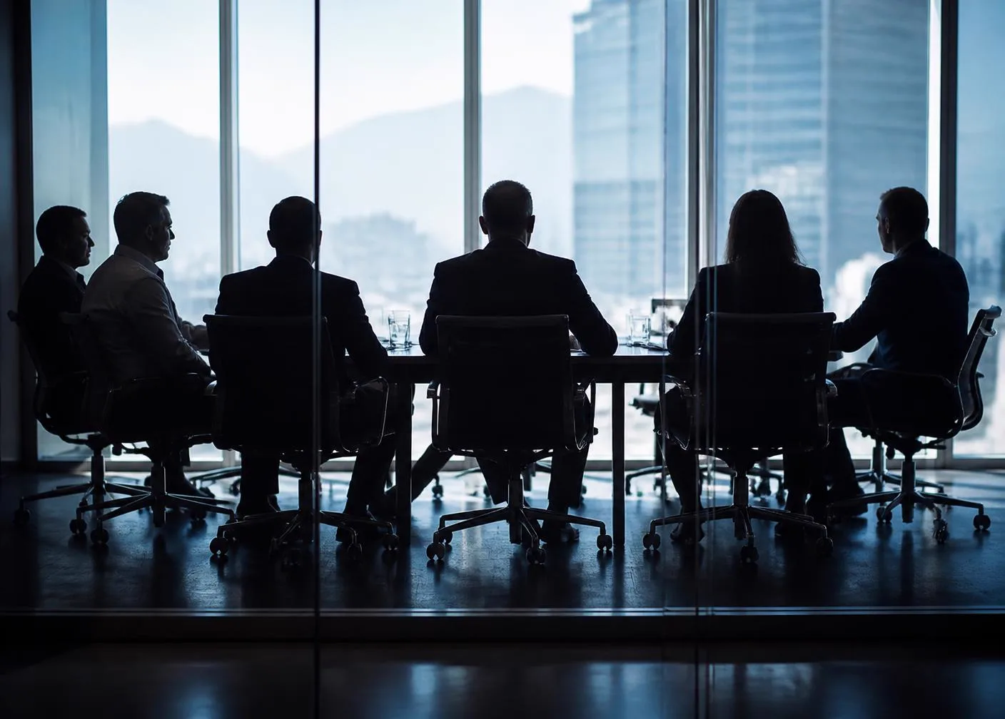 Executive strategy meeting in a glass walled office