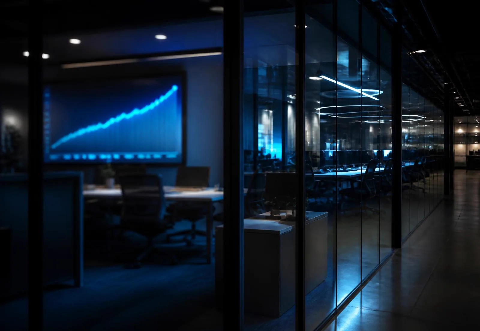 Technology company office at night with a rising revenue chart on a wall display